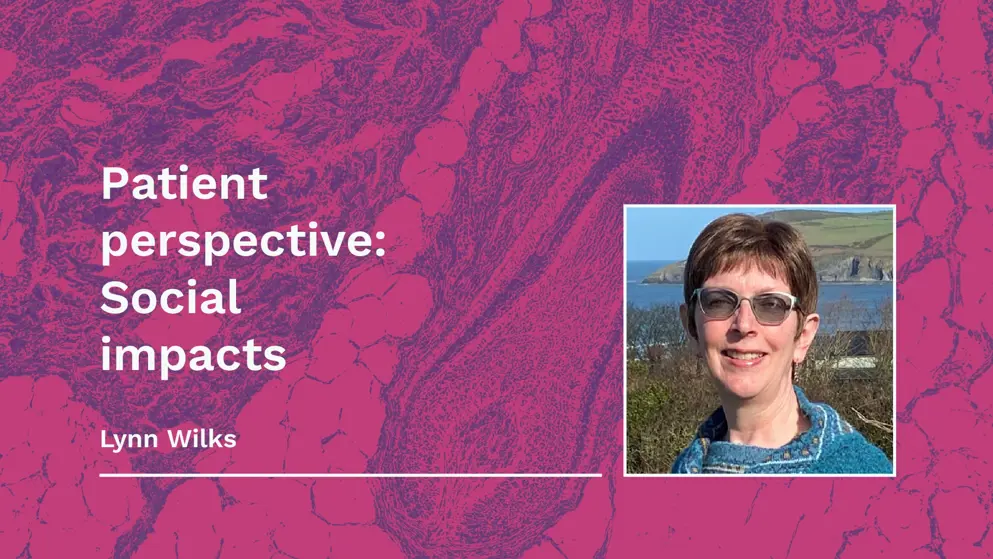 Social impacts of AA thumbnail. Pink and purple micrograph of hair follicle, white text