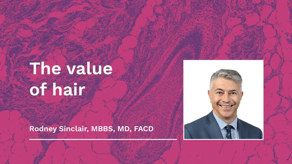 The value of hair, thumbnail, micrograph of hair follicle, pink and purple background image, white text