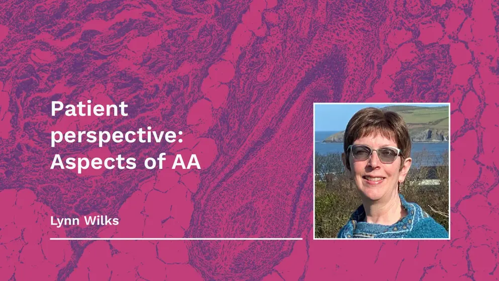 Aspects of AA thumbnail, pink and purple cell image background, showing hair follicle micrograph with white text overlayed