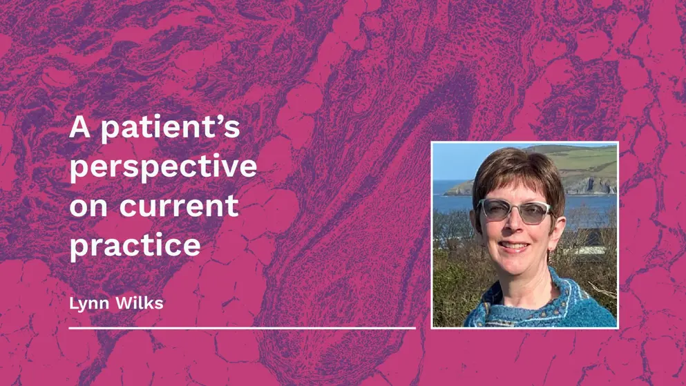 A patient’s perspective on current practice, video thumbnail, white text over pink and purple micrograph of hair follicle