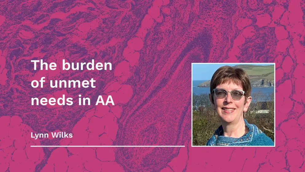 The burden of unmet needs in AA, Video thumbnail, white text over pink and purple micrograph of hair follicle