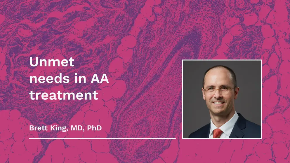 Unmet needs in AA thumbnail, pink and purple micrograph of hair follicle background image, white text
