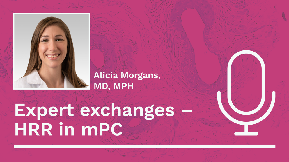 A professional headshot of Alicia Morgans, MD, MPH, is displayed on a pink background with a white outline of a microphone to the right. The text “Expert exchanges – HRR in mPC” is written in white below the headshot.