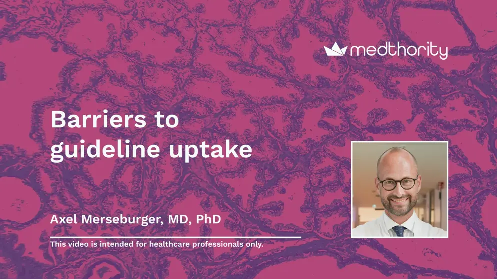 Barriers to guideline uptake thumbnail, white text over prostate cancer micrograph, pink and purple colours