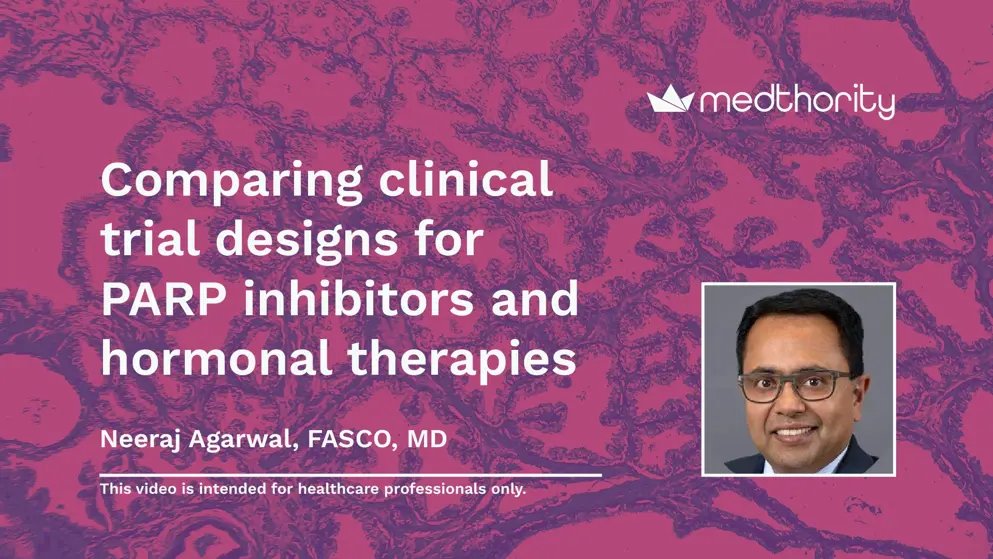 Differences in clinical trial design for PARP inhibitors and novel hormonal therapies, white text over micrograph of prostate cancer, pink and purple colours