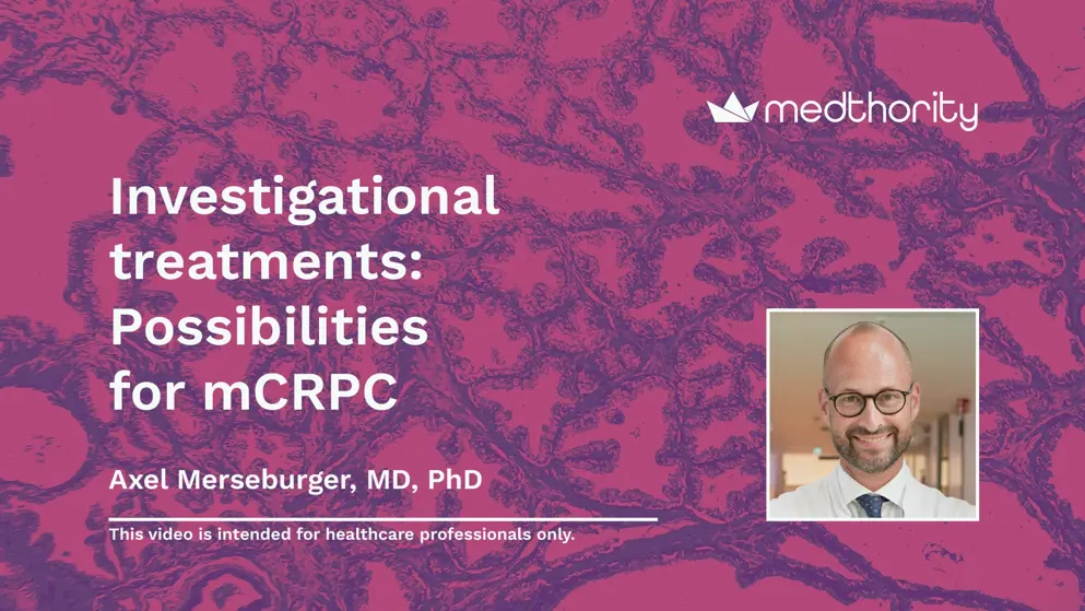 investigational treatments thumbnail, white text over pink and purple prostate cancer micrograph