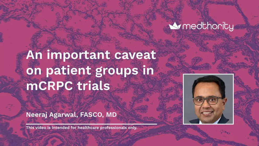 Important considerations about patient populations in mCRPC trials thumbnail, white text over micrograph of prostate cancer, pink and purple