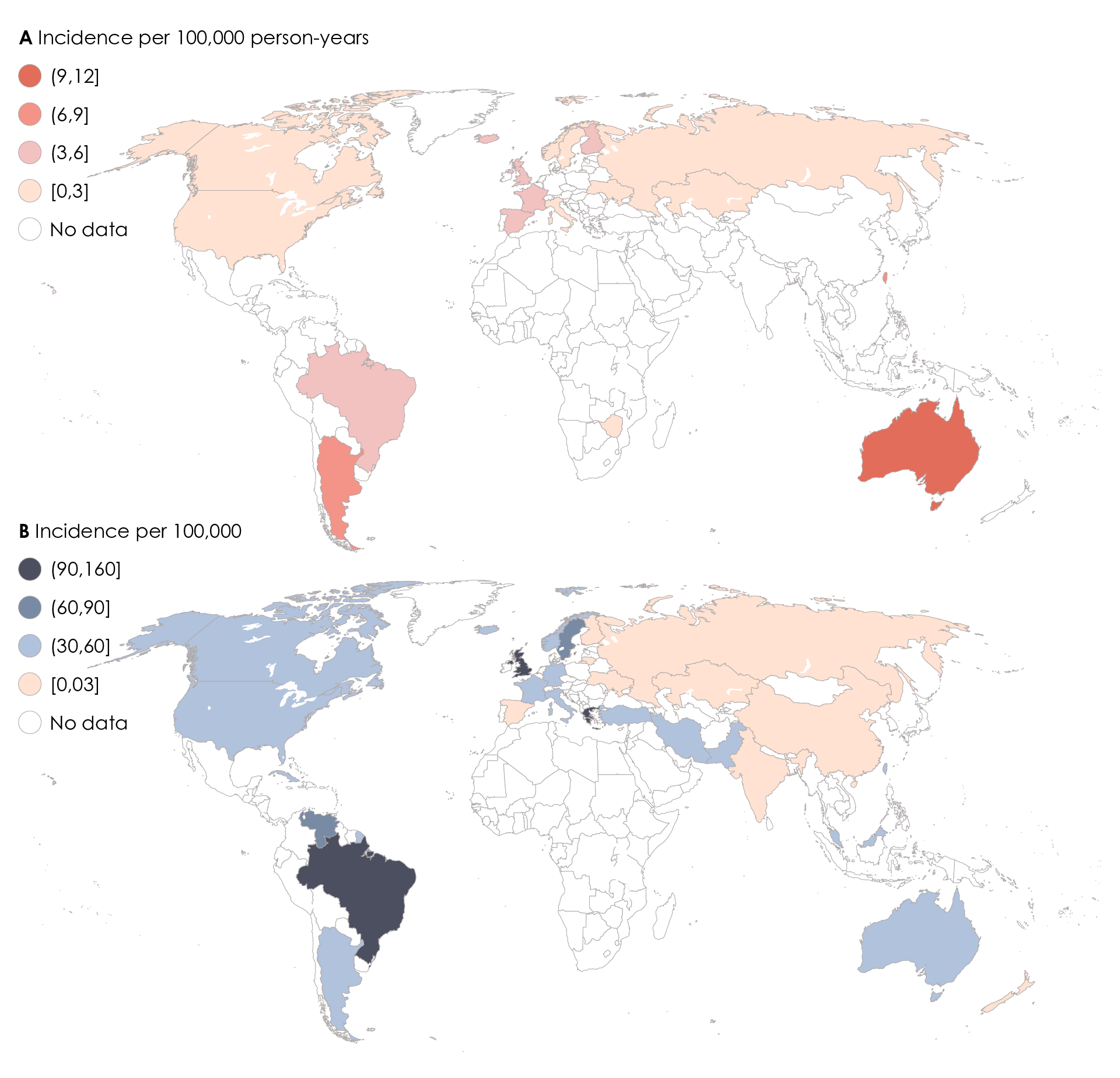 The global prevalence (A) and incidence (B) of SLE